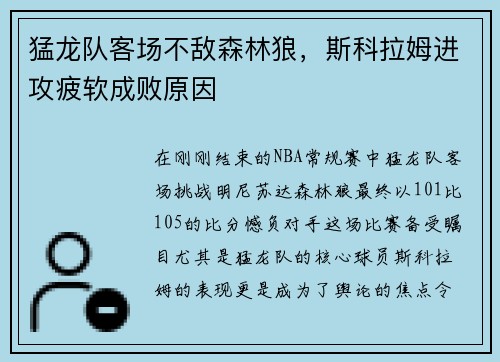 猛龙队客场不敌森林狼，斯科拉姆进攻疲软成败原因