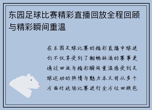 东园足球比赛精彩直播回放全程回顾与精彩瞬间重温